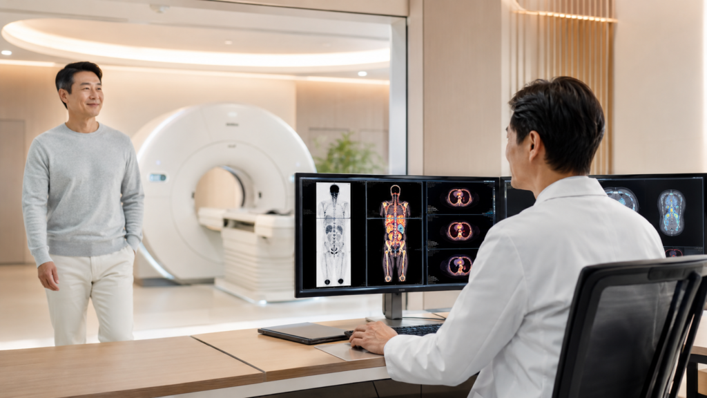 Healthy middle-aged man at a modern PET imaging center while an Asian doctor reviews whole-body PET scan results.