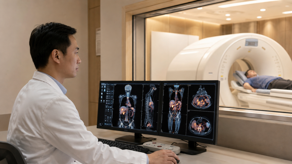 PET CT scanner and nuclear medicine imaging workflow illustrating the components behind PET scan costs