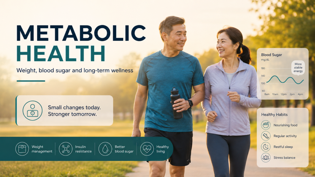 Featured image for a metabolic health guide showing a healthy lifestyle theme with nutrition, exercise and blood sugar balance