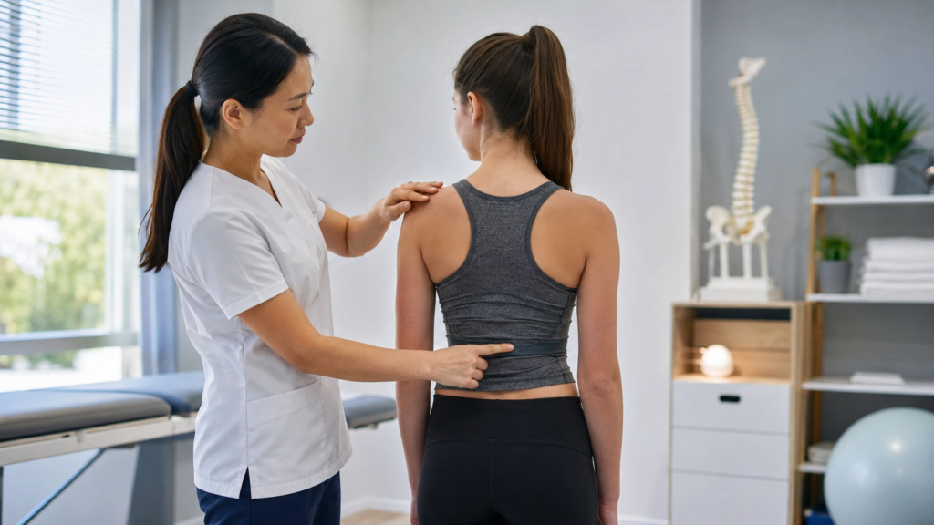Chinese clinician assessing an international teenager for visible signs of scoliosis