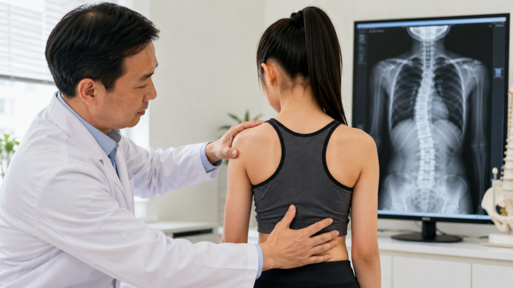 Teenager being assessed for mild scoliosis by a healthcare professional