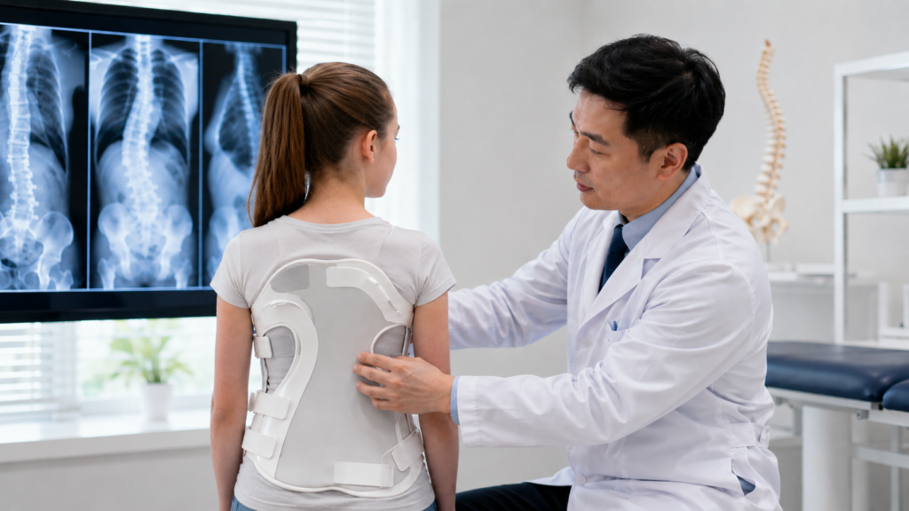 Teenager being fitted for a scoliosis brace during a specialist spine assessment