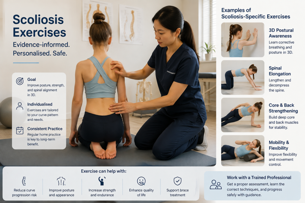 Chinese doctor guiding an overseas teenager through scoliosis-specific exercises in a rehabilitation clinic