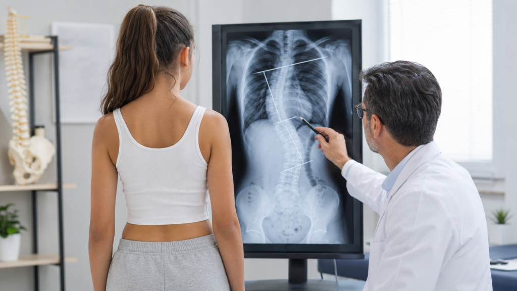 Doctor reviewing a teenager's scoliosis Cobb angle on a full-spine X-ray